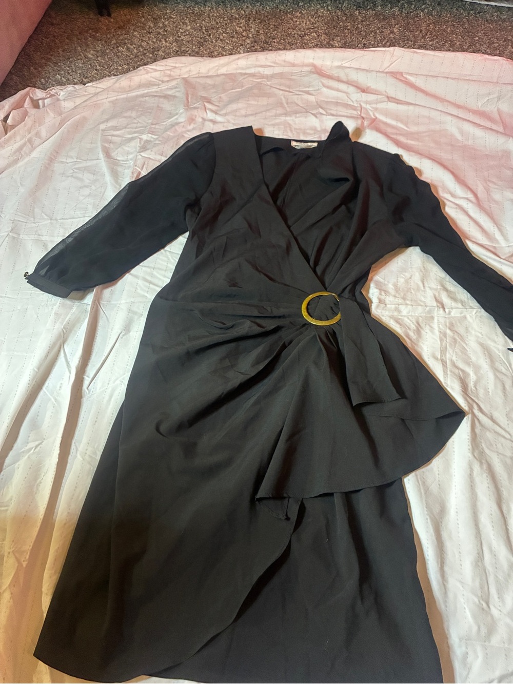 CO Black Wrap Midi Dress with Gold Ring Accent